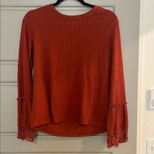 Women's Orange Long Sleeve Top with Lace Cuffs